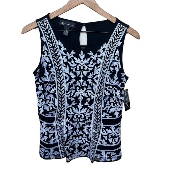 INC International NWT Black Embroidered Peplum Tank Blouse Medium Moody Blues - Picture 2 of 9